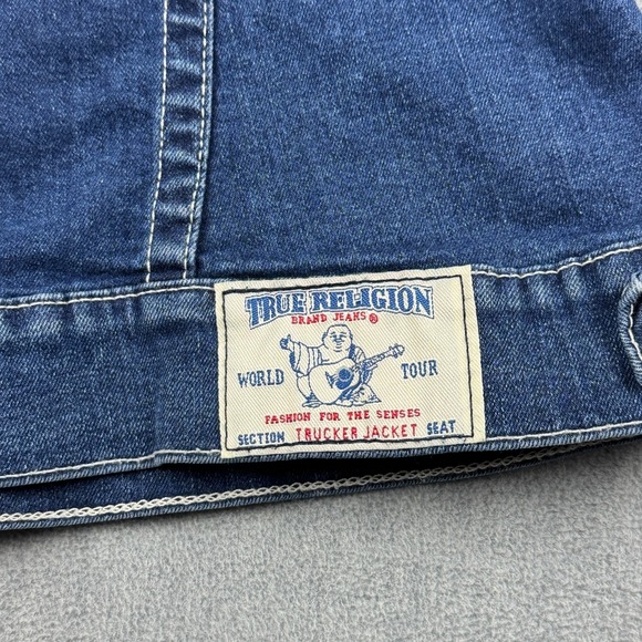 True Religion Trucker Jacket Womens Medium Blue Denim Jeans Super T Dark Wash - Picture 8 of 10